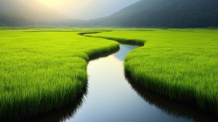 Naklejka premium A serene landscape featuring lush green fields and a winding river, perfect for nature-related projects, environmental themes, or relaxation imagery, Ideal for brochures, websites, and presentations,