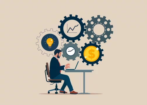 Software engineer with cog gear production. Optimize cost and expense for better profit strategy. Vector illustration