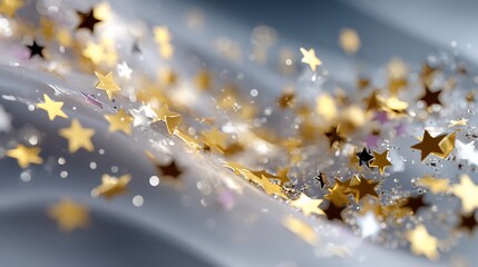 Golden star confetti sparkling on a soft, flowing white cloth. Bokeh effect enhances the scene