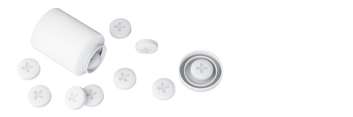 Tablets with imprint *+* isolated on transparent background. White vitamin supplements ( e.g. Calcium + Vitamin D) spilling out of open medical bottle. 3D illustration.