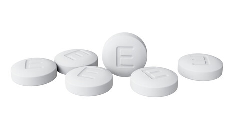 Vitamin E tablets isolated on transparent background. Pills of vitamin E supplements play a crucial role in maintaining a healthy lifestyle. 3D illustration.