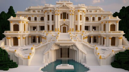 Fototapeta premium A grand and luxurious mansion with intricate white architecture and golden accents, surrounded by lush greenery and featuring cascading water, Perfect for real estate, architecture