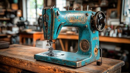 Fototapeta premium Antique teal sewing machine on wooden workbench