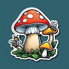Colorful mushroom illustration featuring bees and vibrant foliage in a whimsical design style