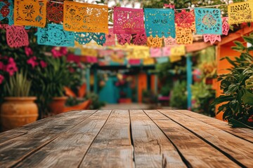 Wooden table with colorful papel picado banners in the background