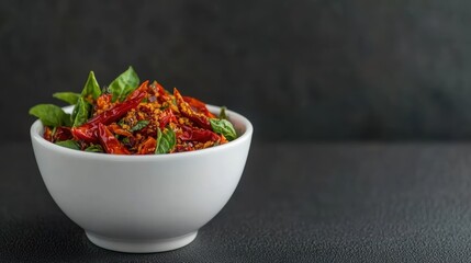 A vibrant bowl of dried red chilies and fresh green herbs, set against a dark background, perfect for culinary projects, recipe blogs, food marketing, and spicing up creative presentations,