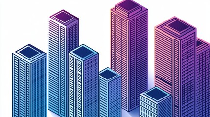 Modern skyscrapers in vibrant colors showcase a urban skyline, emphasizing architecture and city life, Ideal for business presentations, real estate marketing, or urban development concepts,