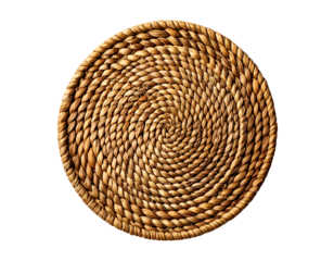 top view of round woven rattan placemat isolated on transparent background, realistic natural braided straw table mat mockup for food styling or product presentation
