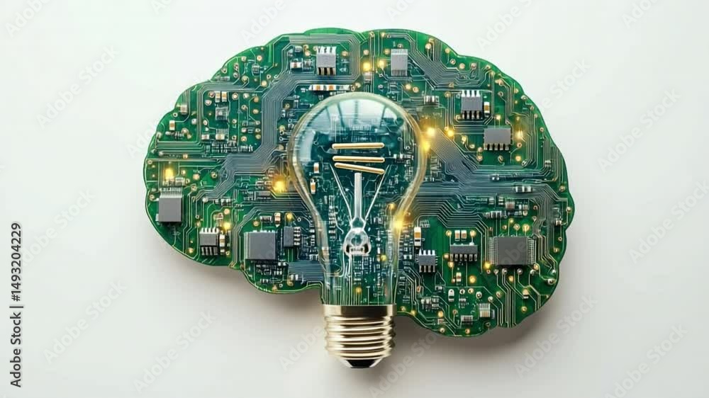 Poster digital brain: illustrative representation of the human brain morphed with a circuit board, and a li