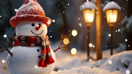 Cute snowman in red winter hat and scarf standing in snowy street with glowing lanterns and snowflakes falling in the evening. - Powered by Adobe
