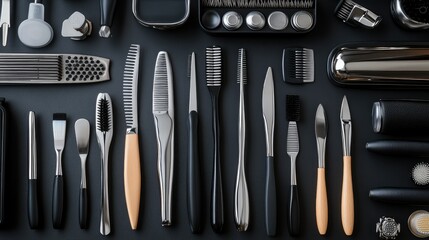 Flatlay of various cleaning and grooming tools arranged on a dark surface.  Tools include brushes, combs, and scrapers
