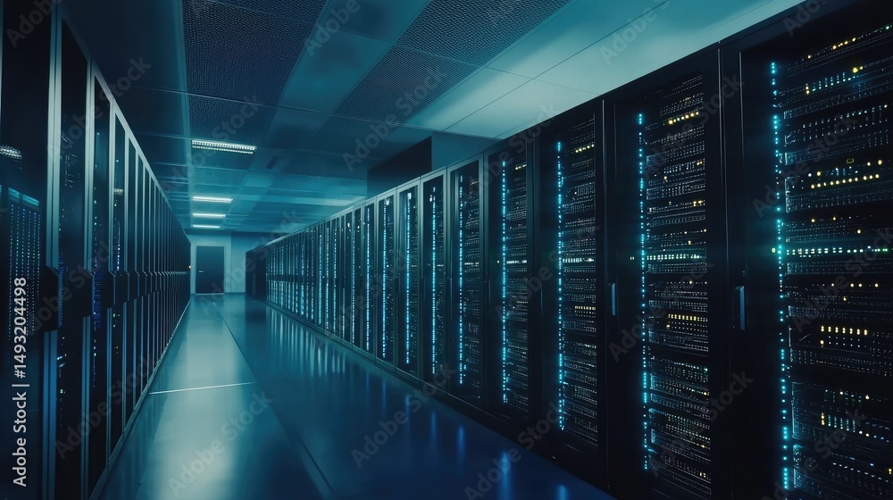 Aufkleber High-security data center with rows of illuminated server racks and clean interior lighting, ideal for cloud infrastructure, IT services, and network operations visuals