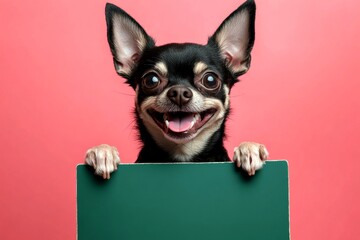 Ð¡ute dog chihuahua hold in front paws a design draft - large green way sign. Pet ad layout. Creature face on board. Isolated pup on a solid clothing pink background. Billboard and dog.