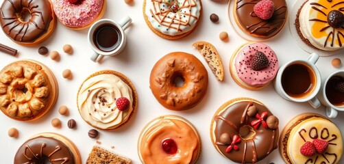 A delectable spread of cookies, donuts, cakes, cheesecakes, and coffee cups arranged on a white background,  high-angle shot,  copy space