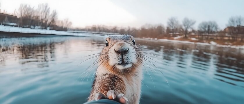 Squirrel taking selfie by frozen river