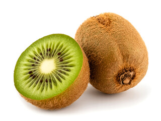 A whole Hardy kiwi fruit sliced fuzzless green skin and rich core isolated on white background