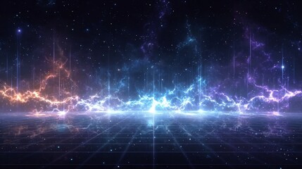 Fototapeta premium Vibrant neon dance floor with pulsing grid lines, dynamic light trails, floating disco ball fragments scattering colorful reflections, energetic heartbeat waves, and ambient electric glow.