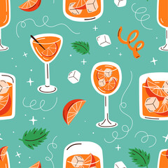 Hand drawn whimsical cocktail pattern. Mint green seamless pattern of refreshing summer drinks. Vector illustration. Colorful funky background with Spritz, orange juice and lemonade.