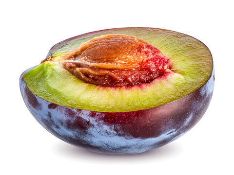 A single Governor&acirc;&euro;&trade;s plum halved glossy purple skin and red pulp isolated on white background