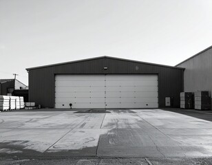 Industrial warehouse structure with large roll up doors in a black and white setting