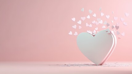 A white heart surrounded by floating pink hearts against a soft pink background symbolizes love and affection, suitable for romance, Valentine's Day, greeting cards, or wedding invitations,