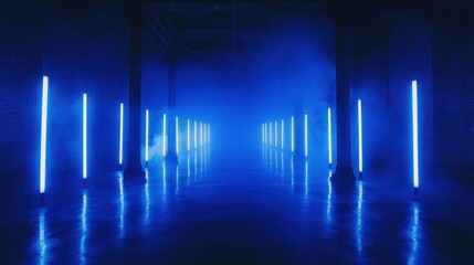 Blue neon tunnel, industrial warehouse
