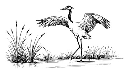 crane bird standing by the water in natural wetland scene