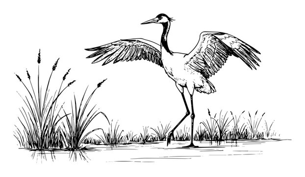 crane bird standing by the water in natural wetland scene