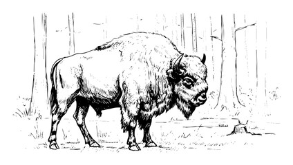 european bison in forest outline sketch style