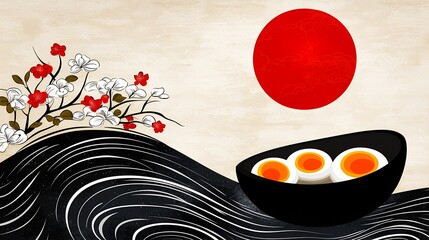 Obraz premium Stylized Japanese Illustration Three Eggs in Bowl, Red Sun, and Black