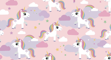 A whimsical and colorful pattern features adorable white unicorns with rainbow manes and tails, amidst fluffy clouds, stars, and rainbows on a soft pink background.