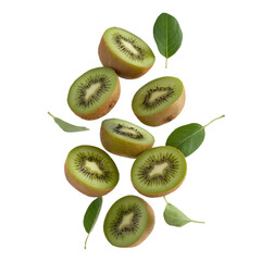 Fototapeta premium Fresh kiwi slices falling with green leaves isolated on white background