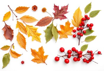 Dried leaves, flowers, and rowan berries arranged in a row on a white background , copy space, topview