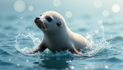 Obraz premium Young seal splashing in clear blue water surrounded by bubbles 