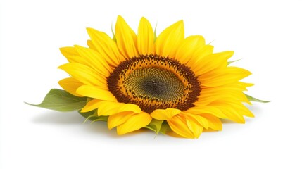 Obraz premium A vibrant sunflower with bright yellow petals and a dark center, resting on green leaves against a white background, Ideal for themes of nature, happiness