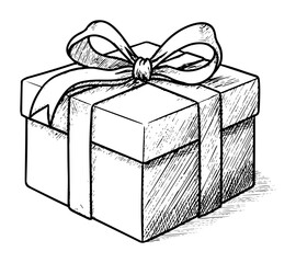 gift box with ribbon in hand drawn monochrome sketch style