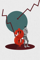 Sketch vertical photo collage of inexperienced businesswoman businessman stand arrow decline dollar...