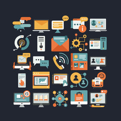 This is a colorful and stylized vector graphic that showcases various icons representing communication, technology, and data, set against a dark background.