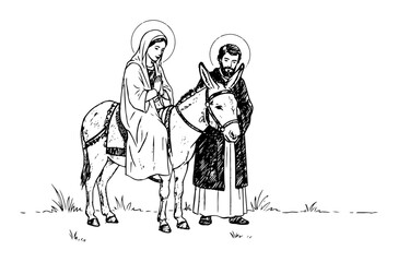 holy family on donkey journey in religious outline drawing