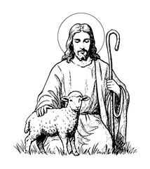 jesus as shepherd with lamb in engraved sketch outline style