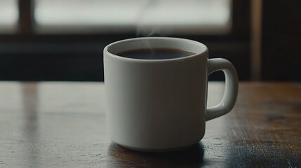 A steaming cup of coffee sits on a wooden table, evoking warmth and comfort, Ideal for use in articles about morning routines, wellness, or food photography,