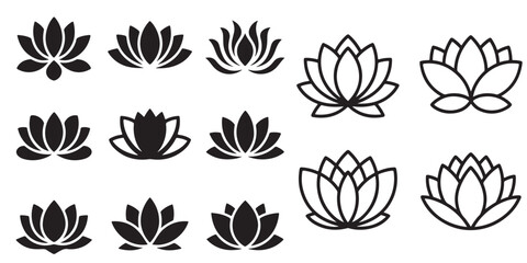 Black Lotus Flower Icons Set  Silhouettes on White Background, Collection of Simple Line Art Lotus Flower Variations