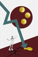 Pop vertical photo collage of inexperienced businesswoman businessman stand arrow decline dollar...