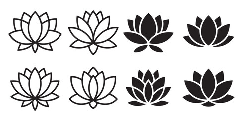 Fototapeta premium Black Lotus Flower Icons Set Silhouettes on White Background, Collection of Simple Line Art Lotus Flower Variations