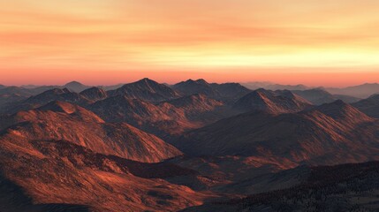 Fototapeta premium A panoramic view of rugged mountains at sunset, casting warm hues across the landscape, perfect for travel articles, nature themes, and serene backgrounds, Enhance projects with this stunning scenery