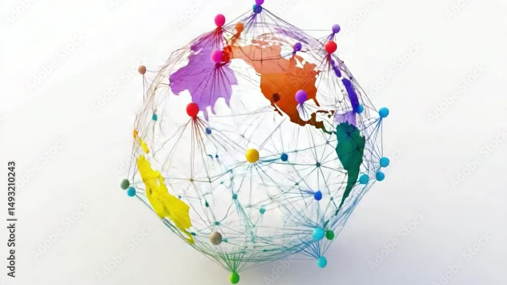 Aufkleber world network: the image portrays a vibrant globe intertwined with interconnected lines and pins.