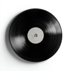 Obraz premium A classic black vinyl record with a grey label, set against a stark white background. A timeless piece of music history.