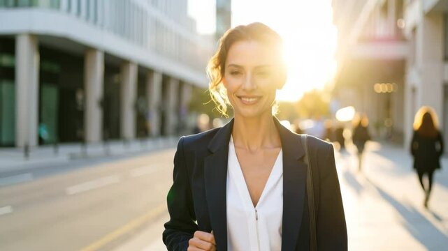 Confident businesswoman with soft smile walking city street during sunrise and sunny morning, wearing formal suit, carrying bag, sunlight creating warm and optimistic atmosphere, woman embracing