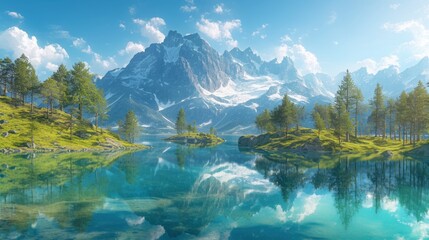 Fototapeta premium Serene mountain lake landscape. Lush green meadows, crystal-clear water, towering peaks