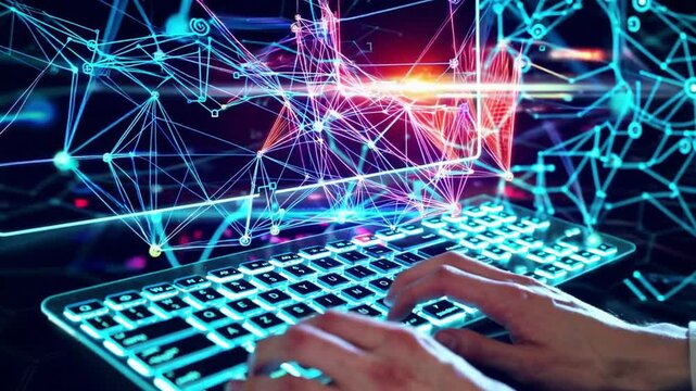 Coder Hands Typing on Glowing Keyboard with Holographic AI Interface and Complex Algorithms